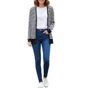 Loft Open Front Cardigan Womens Size Small Black White Chevron Pattern Sweater